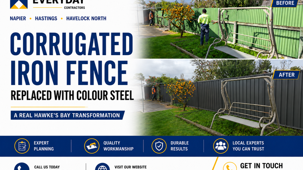 Before-and-after corrugated iron fence replacement with a new grey Colour Steel fence by Everyday Contractors in Hawke’s Bay.