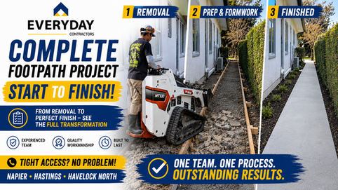 Complete concrete footpath replacement project in Napier, New Zealand, showing the transformation from concrete removal and site preparation through to the finished walkway by Everyday Contractors.