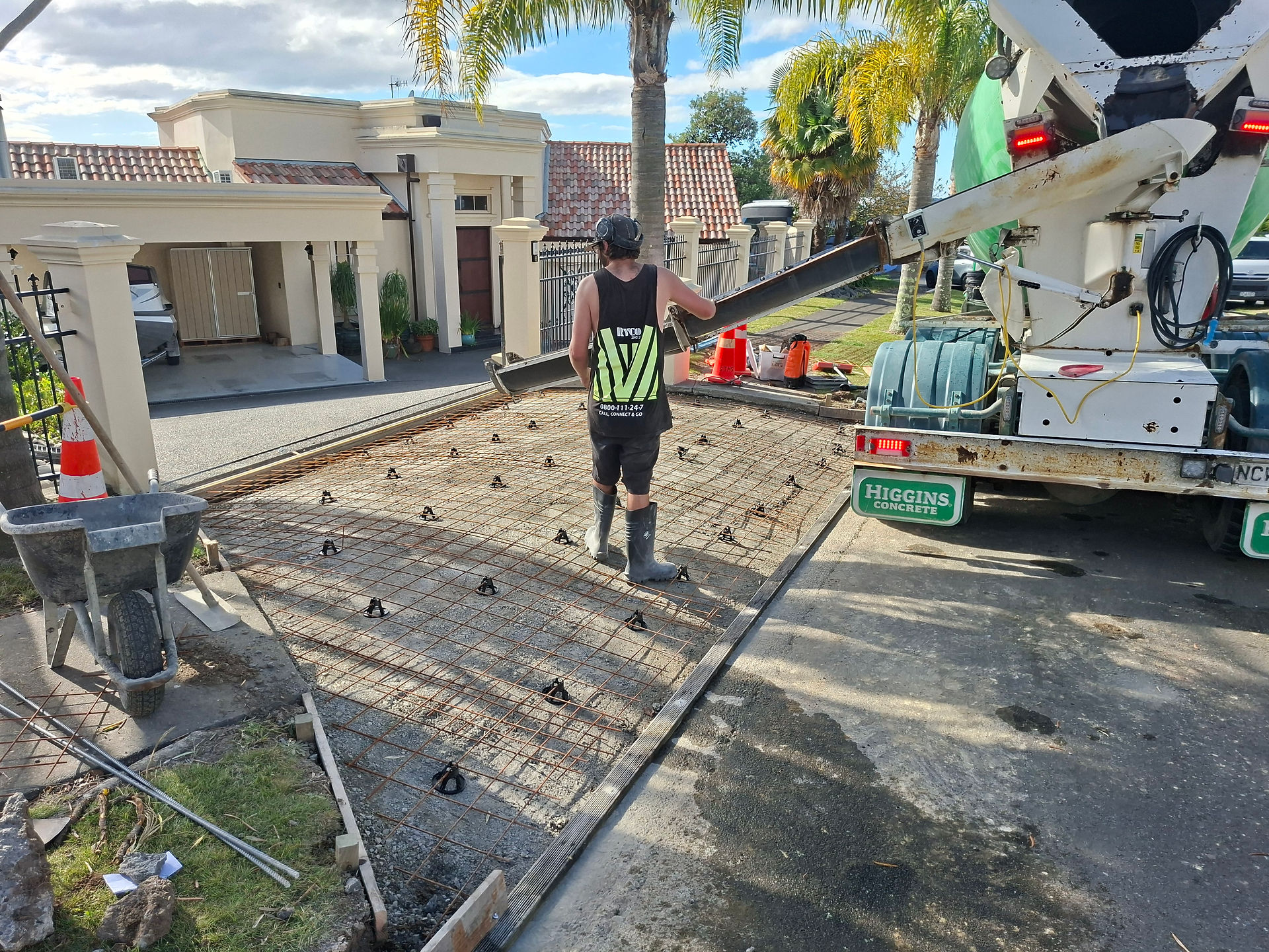 Wide view of reinforcing steel mesh installed across the new vehicle access area in Napier.