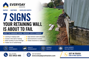 Everyday Contractors title image showing a cracked and failing retaining wall with warning signs of structural movement. Learn the seven signs your wall may be about to fail in Napier, Hastings and Havelock North