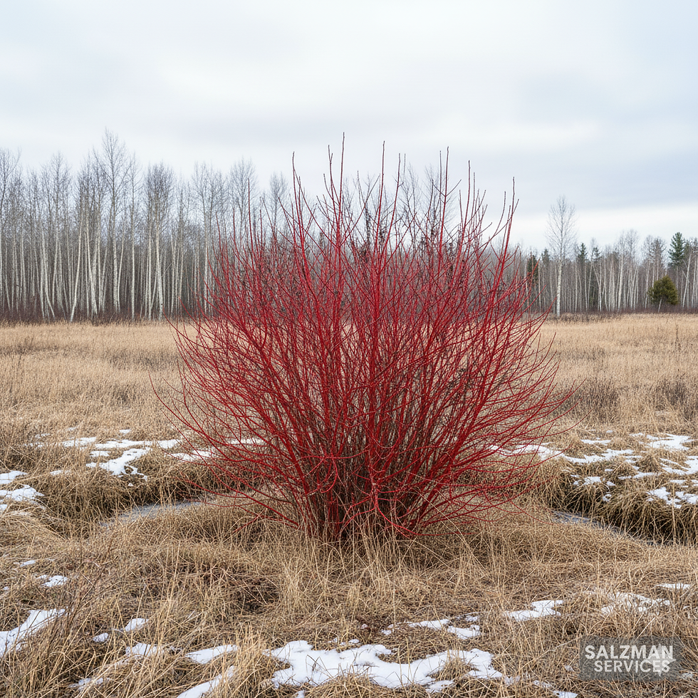 The brilliant red winter stems of a Red Osier Dogwood, a hardy native shrub.