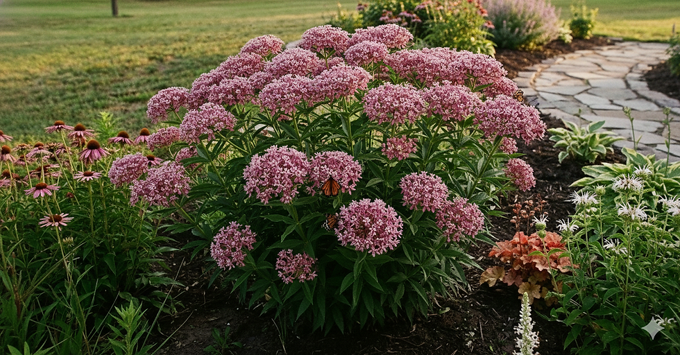 Pink flower clusters of Swamp Milkweed with a Monarch butterfly nearby.