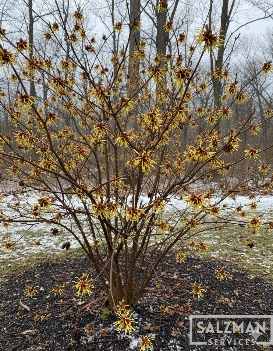 The unique, spidery yellow flowers of a Witch Hazel, a fragrant native shrub for late-season color.