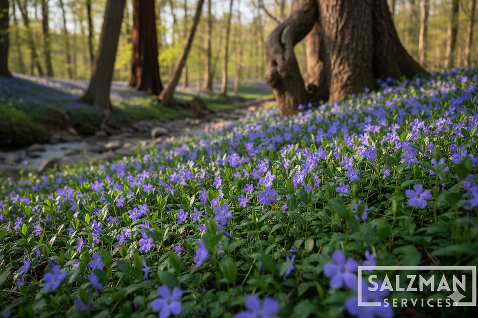A dense mat of Vinca Minor, an evergreen groundcover for shady areas.