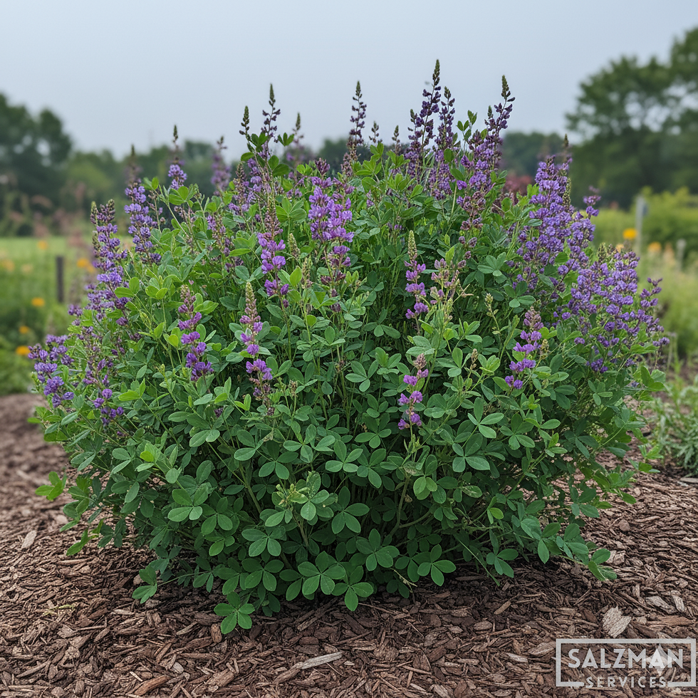 The blue-green foliage and purple flower spikes of False Indigo, a hardy and long-lived native plant.