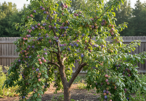 A plum tree, a fruit tree that produces sweet or tart edible plums in late summer.
