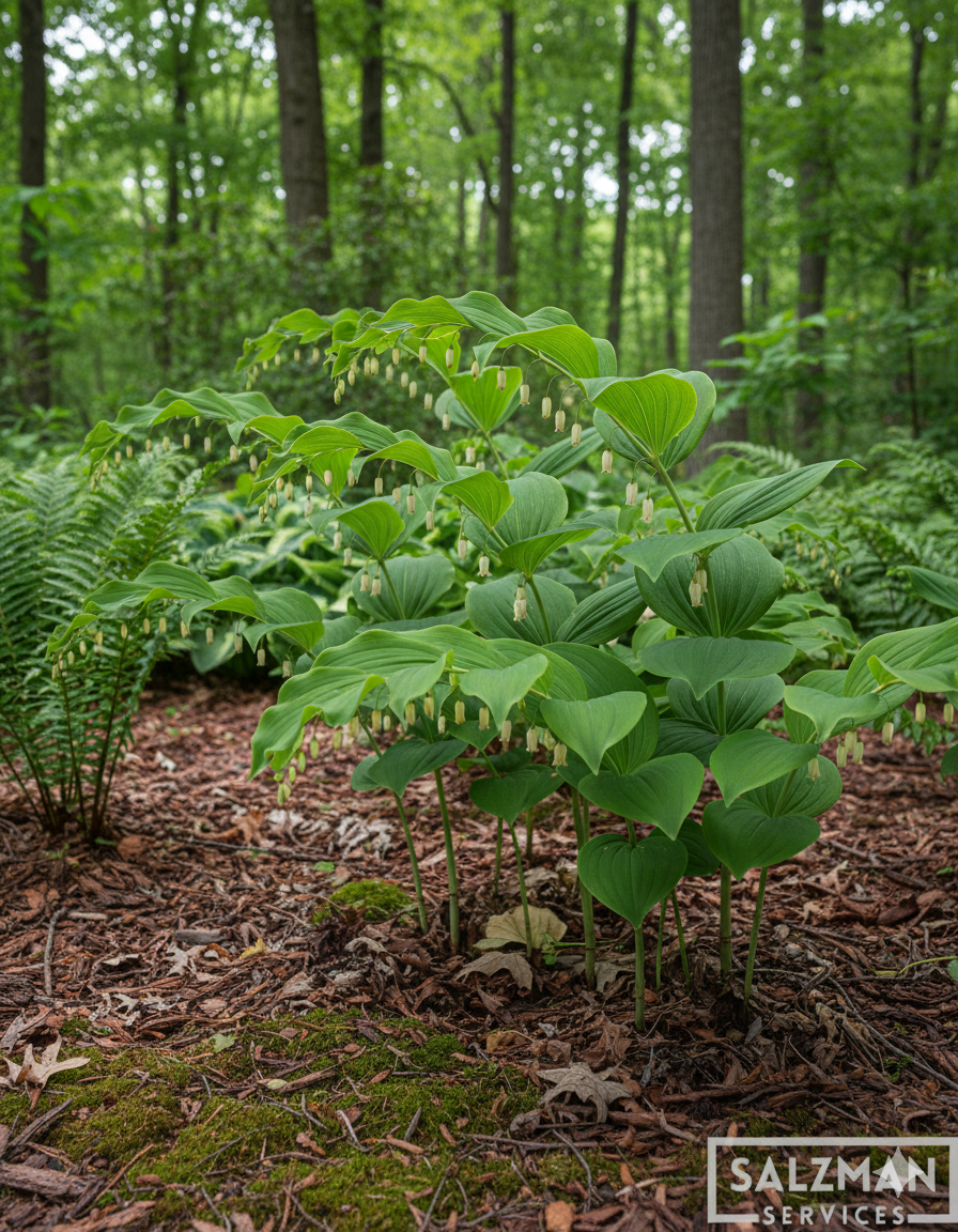 The elegant arching stem and white flowers of Solomon's Seal, a deer-resistant native shade plant.