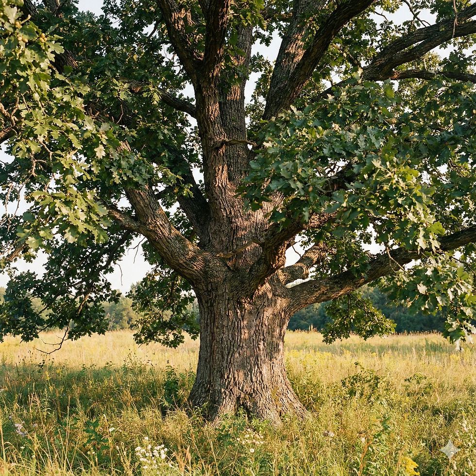 A large, spreading Bur Oak tree in a field.