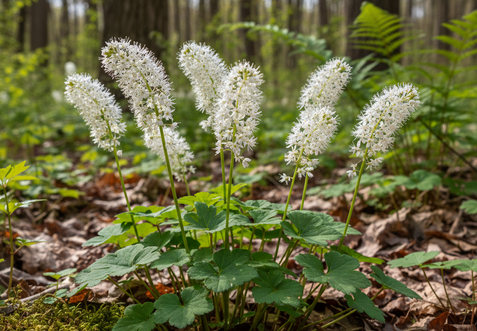 The airy, white flower spikes of a Foamflower, a native groundcover for shady, moist gardens.
