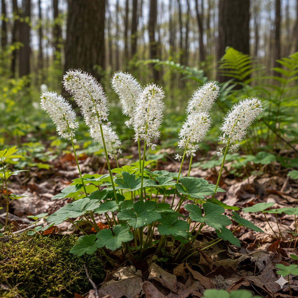 The airy, white flower spikes of a Foamflower, a native groundcover for shady, moist gardens.