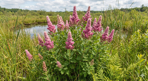 Pink steeple-shaped flower plumes of Steeplebush.