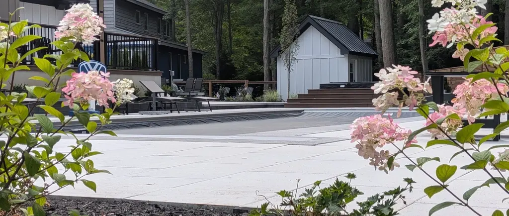 Unilock Arcana paver patio installed in new Buffalo MI with platinum color poly sand