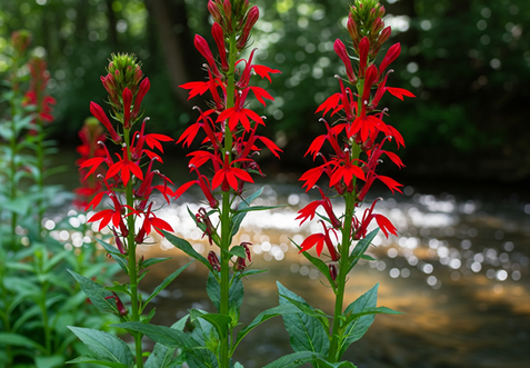 The brilliant, true-red flower spikes of a native Cardinal Flower, which are a magnet for hummingbirds.
