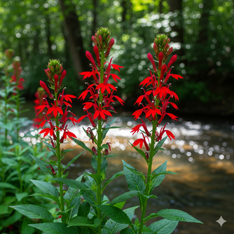 The brilliant, true-red flower spikes of a native Cardinal Flower, which are a magnet for hummingbirds.