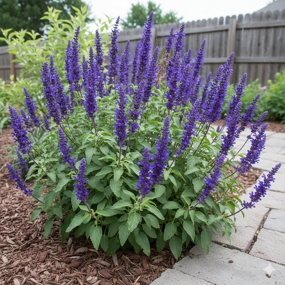 The deep indigo-blue flower spikes of a Salvia 'May Night', a drought-tolerant and low-maintenance perennial.