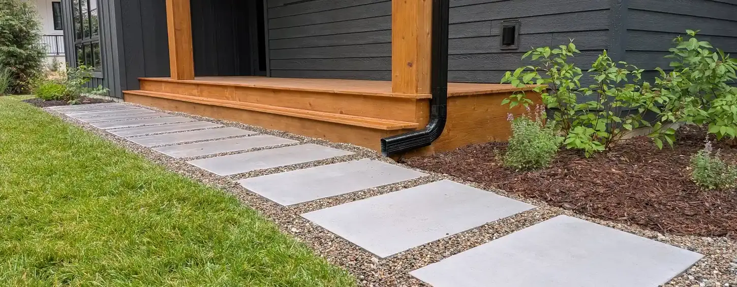Large-format paver and pea stone ladder walkway along a modern farmhouse in Union Pier, MI