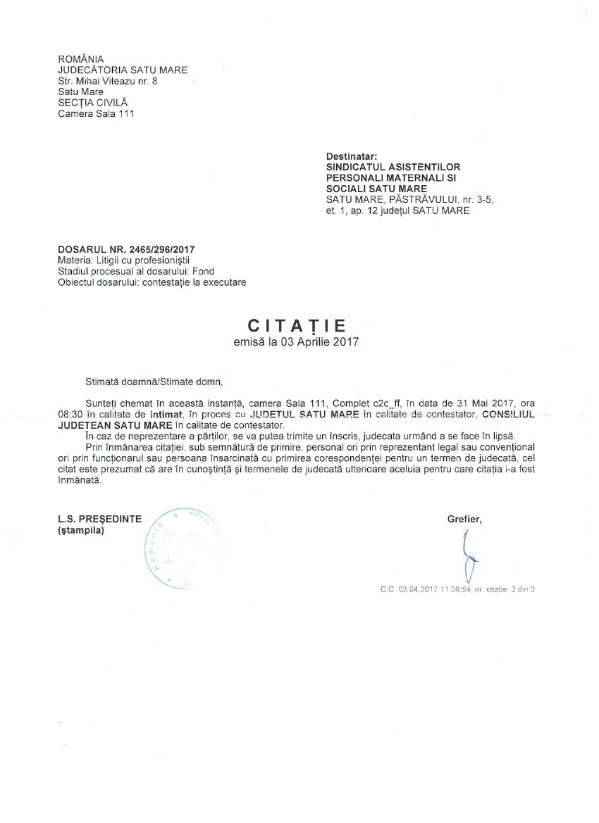 Citație Judecătoria Satu Mare