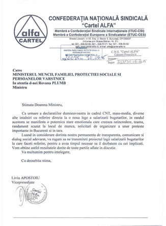 Adresa CNS Cartel ALFA prin care se cere draftul legii salarizării bugetarilor de la Ministerul Munc