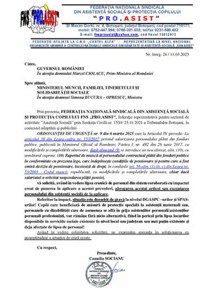 FNS PRO.ASIST SOLICITA GUVERNULUI SI MMFTSS abrogarea art.IV sau exceptarea ASISTENTEI SOCIALE DE LA APLICAREA PREVAZUTA LA ART. IV DIN OUG 9/2025