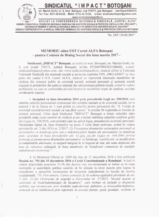 Memoriul Sindicatului IMPACT Botoșani pentru Comisia de Dialog Social din martie 2017