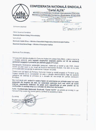 Sesizarea Guvernului privind neplata salariului de 7 luni pentru asistenții personali din comuna Hod