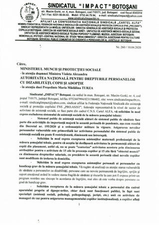 Memoriul Sindicatului IMPACT Botoșani privind șomajul tehnic în sectorul de asistență socială