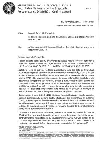 Răspunsul ANDPDCA la problemele prezentate de Federația FNS PRO.ASIST privind izolarea la locul de