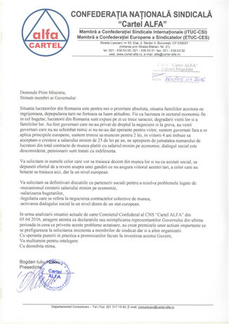 Cartel ALFA - Scrisoare deschisă adresată Guvernului României