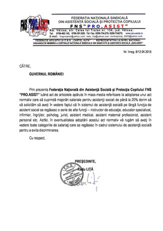 Adresă FNS PRO.ASIST catre Guvernul Romaniei