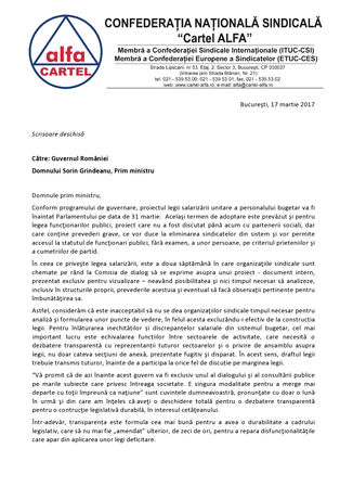 Cartel ALFA -  Scrisoare deschisă Primului ministru, Sorin Grindeanu