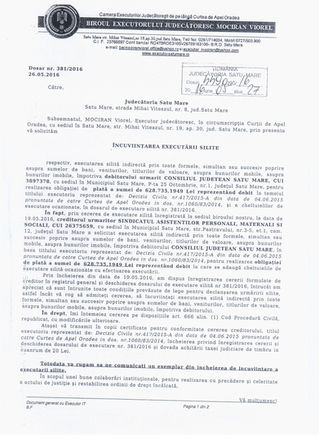 Cererea pentru încuviințarea executării silite a Consiliului Județean Satu Mare pentru drepturi sala