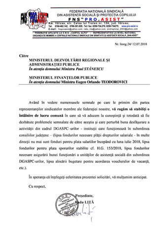 Solicitarea Federatiei Nationale Sindicale FNS PRO.ASIST pentru o întâlnire privind finanțarea siste
