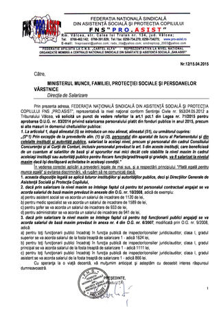 Adresa FNS PRO.ASIST catre Ministerul Muncii privind aplicarea Legii nr. 71 din 2015