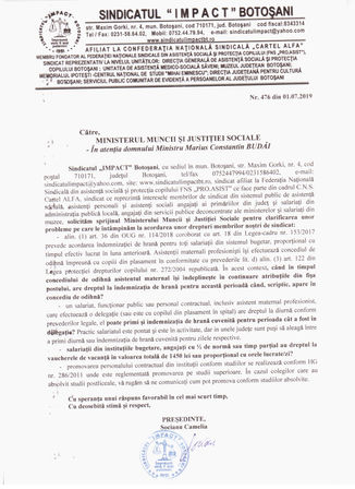 Adresa Sindicatului IMPACT Botoșani privind dreptul AMP la indemnizație de hrană în perioada concedi