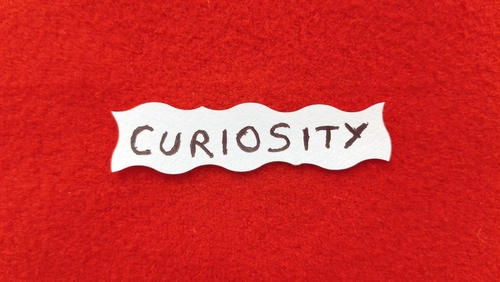 Word Curiosity written on piece of paper against a red felt background