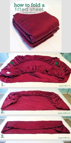 Pinterest pin graphic showing photos of each step for folding a fitted bed sheet