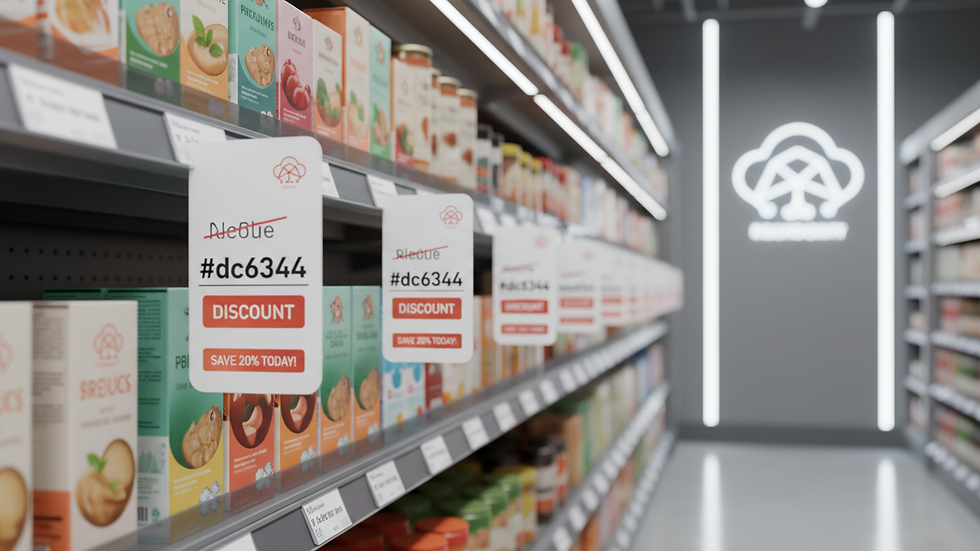 Close-up view of a grocery store aisle with price tags and discount labels