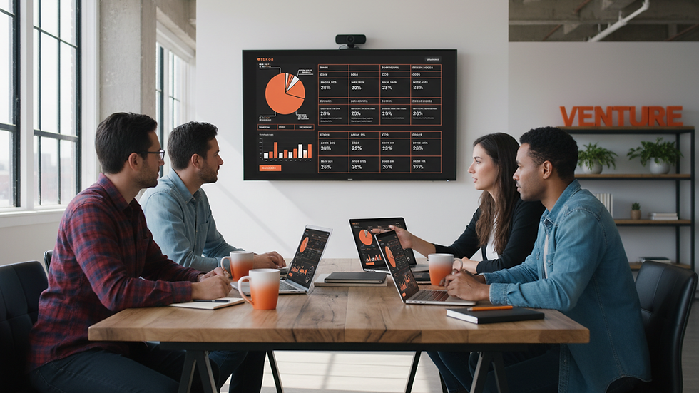 Eye-level view of a startup team discussing equity allocation around a conference table