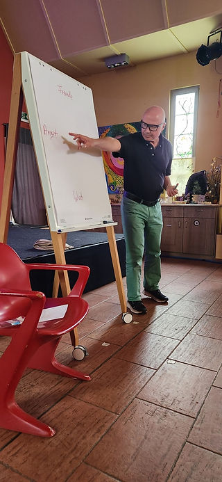 Leonhard Fromm moderiert einen Workshop beim Männerfestival Chemnitz 2026 und arbeitet mit einem Flipchart zu den Themen Angst, Wut und Freude.
