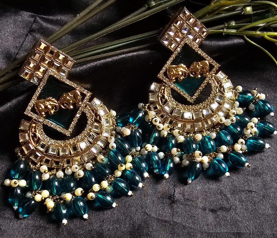 Elephant Checkered Kundan Earring, Green Color