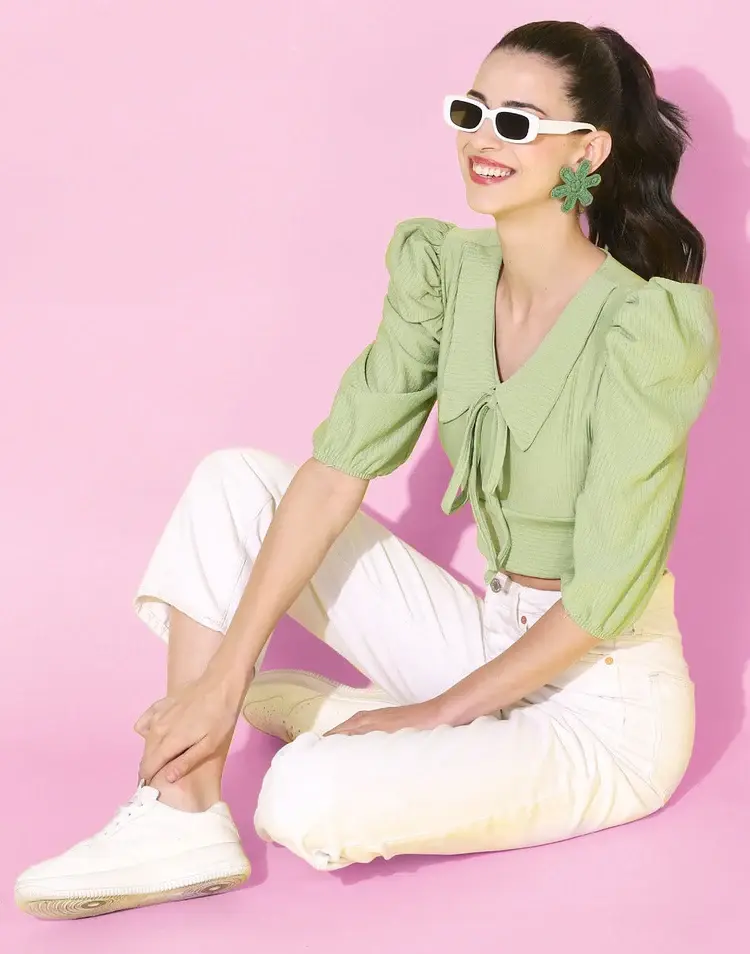 थंबनेल: Pista Green Lycra Knitted Drawstring Top