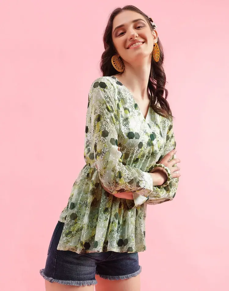 थंबनेल: Floral Print V-Neck Button Down Blouse Shirt Top