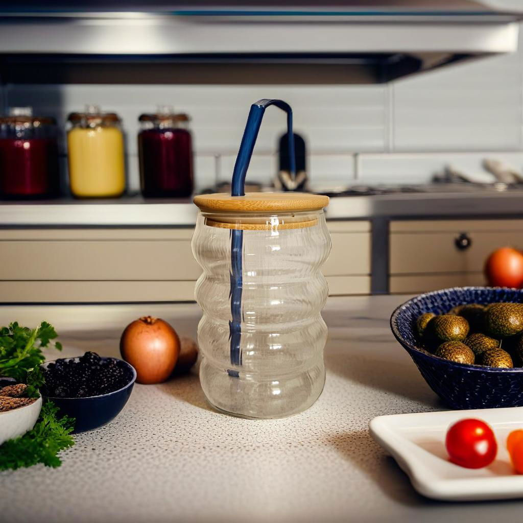 Curved Glass Sipper with colored straw : 500ml