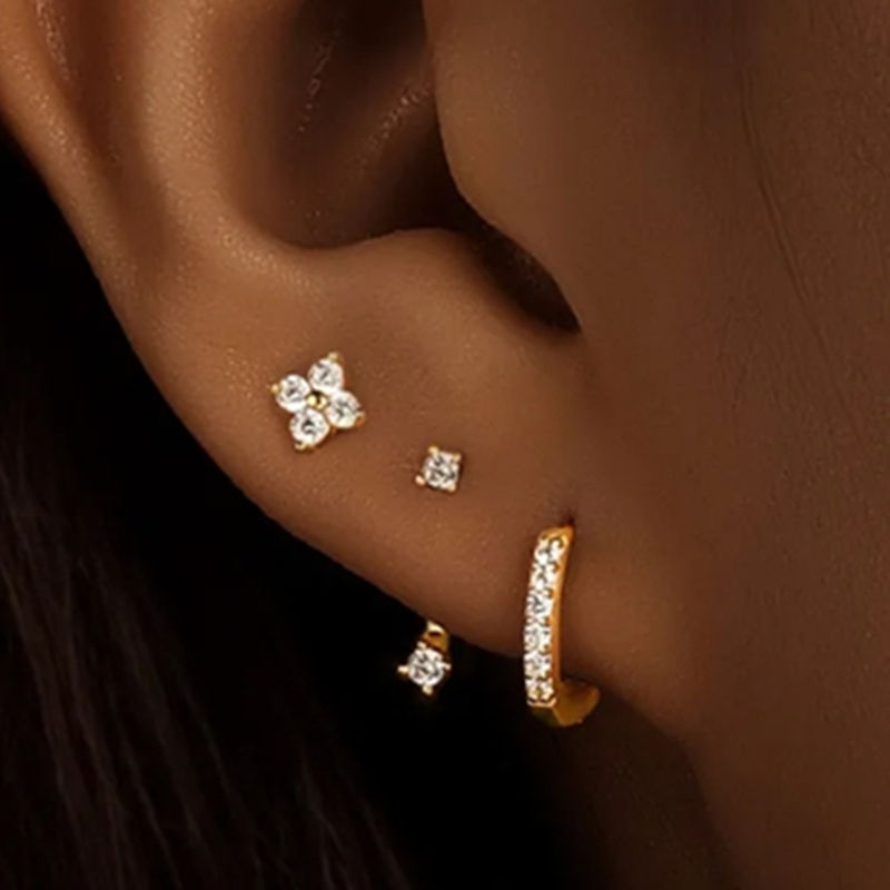 Thumbnail: 3 PCS Exquisite Zircon Little Huggies Hoop Earrings Set for Women Stainless Stee