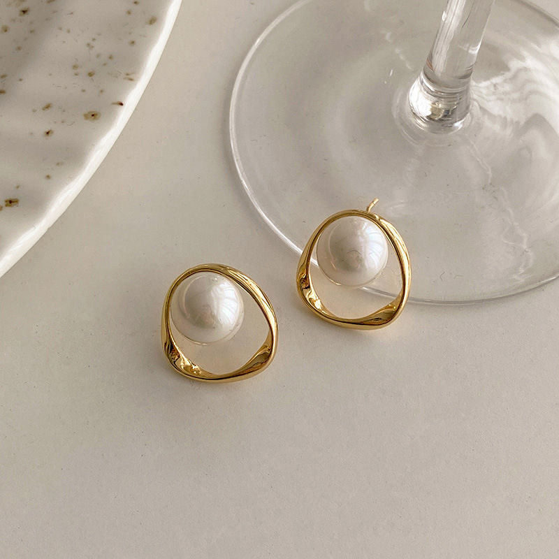 Thumbnail: Imitation Pearl Earring for Women Gold Color Round Stud Earrings Korean Delicate