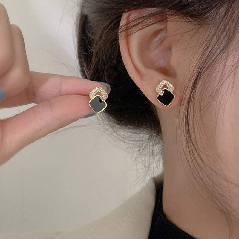 Thumbnail: Korean Style Black Zircon Stud Earring For Women Shiny Rhinestone Square Geometr