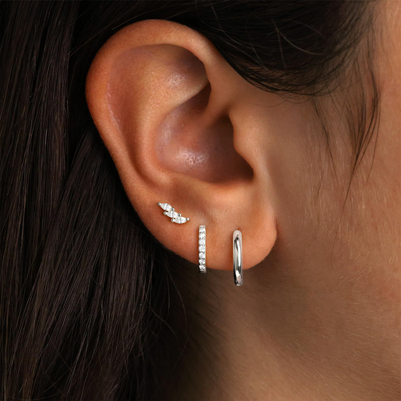 Thumbnail: 3 PCS Exquisite Zircon Little Huggies Hoop Earrings Set for Women Stainless Stee