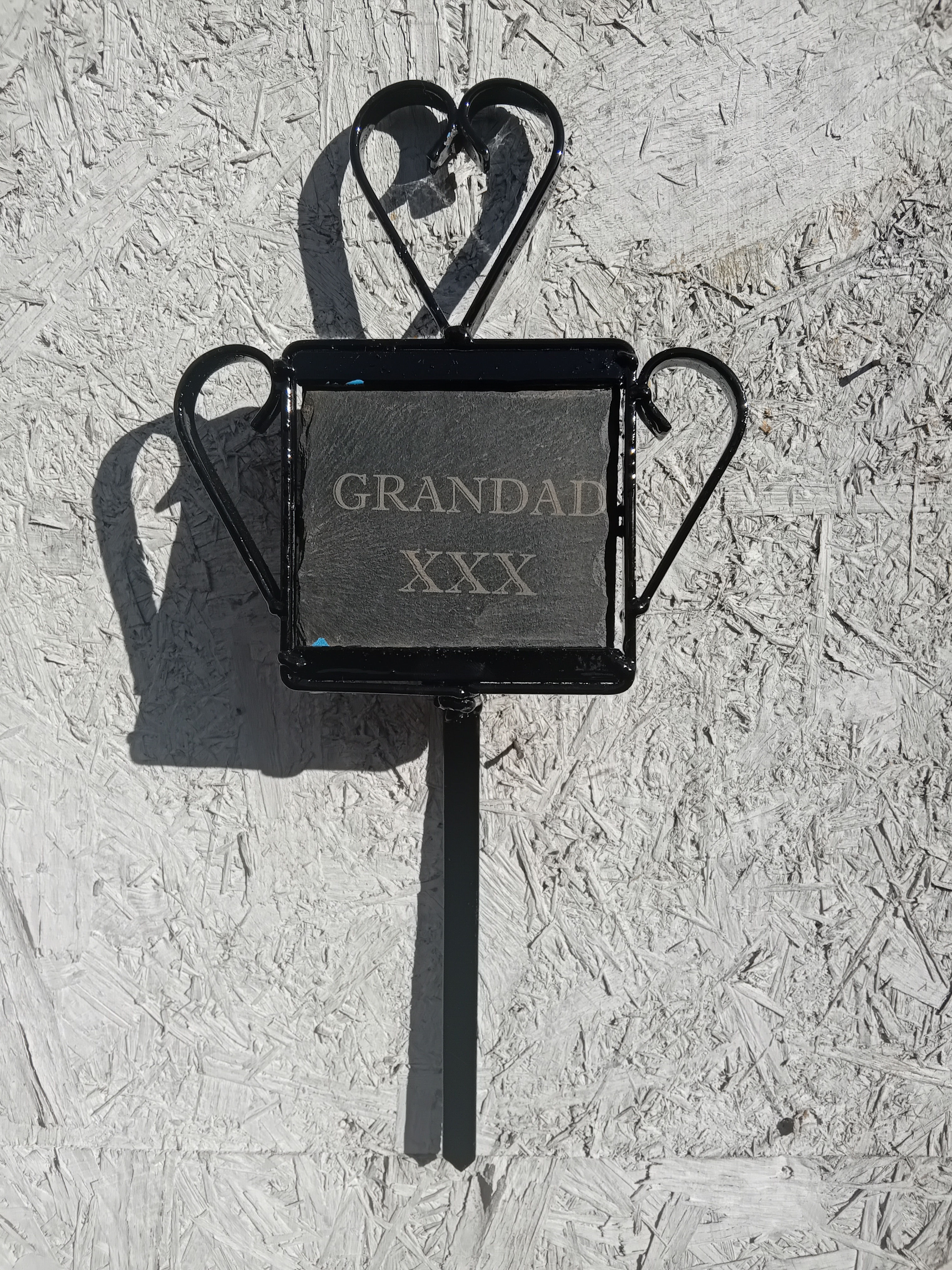A Memorial 4" Square Slate with GRANDAD XXX on Stake Planter in Black.