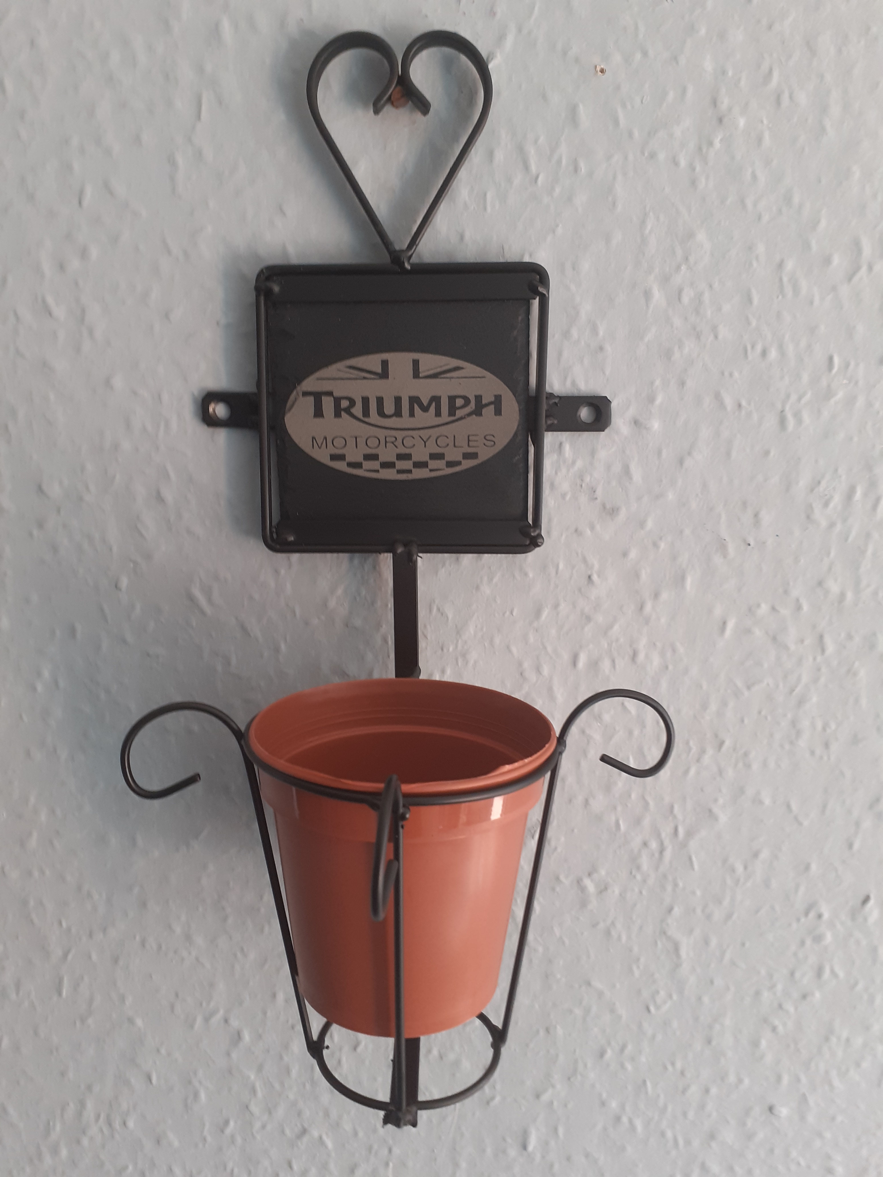 Wall Mounted Engraved Slate with Triumph Motorcycles on Plant Pot Holder - Black