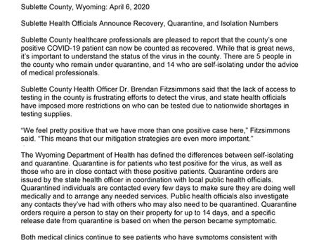 Sublette Health Officials Announce Recovery, Quarantine, and Isolation Numbers - 04/06/2020